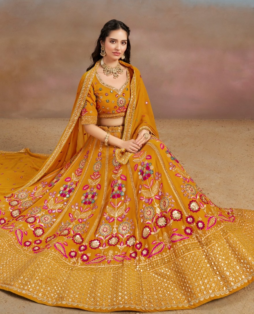 6008- YELLOW - Stunning yellow Thread Work Georgette Engagement Wear Lehenga With Blouse